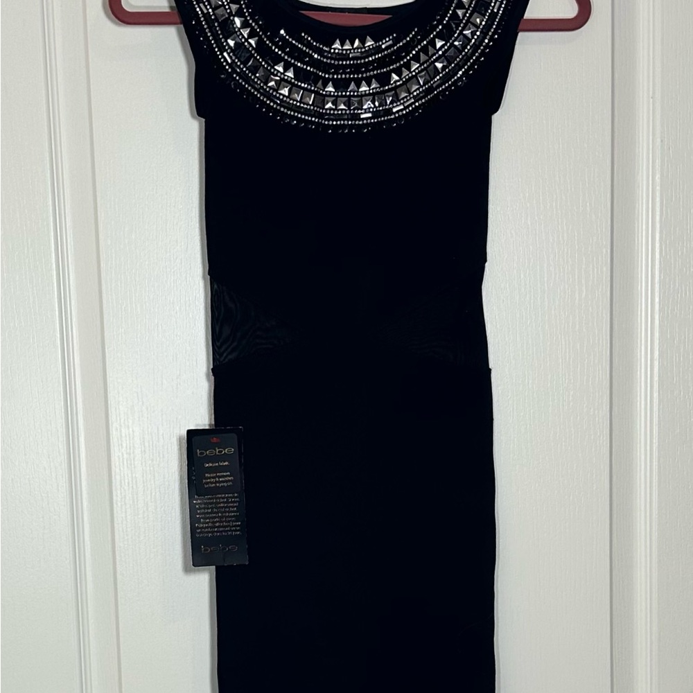 🩶🖤NWT—Bebe Black Mini Dress with Embellished Neckline